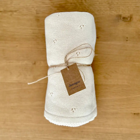 Organic Knit Baby Blanket - Cream (cloverleaf eyelet)