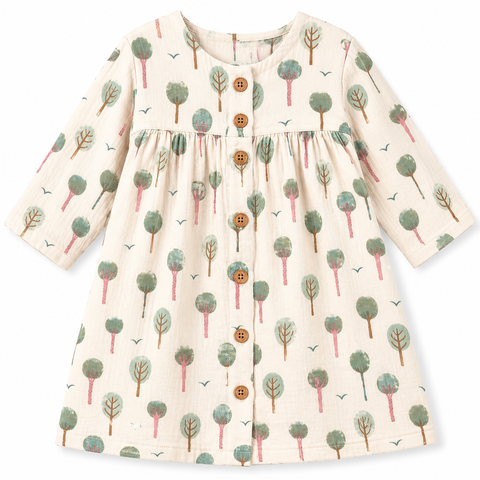 Muslin Long Sleeve Button Front Dress - Evergreen Trail