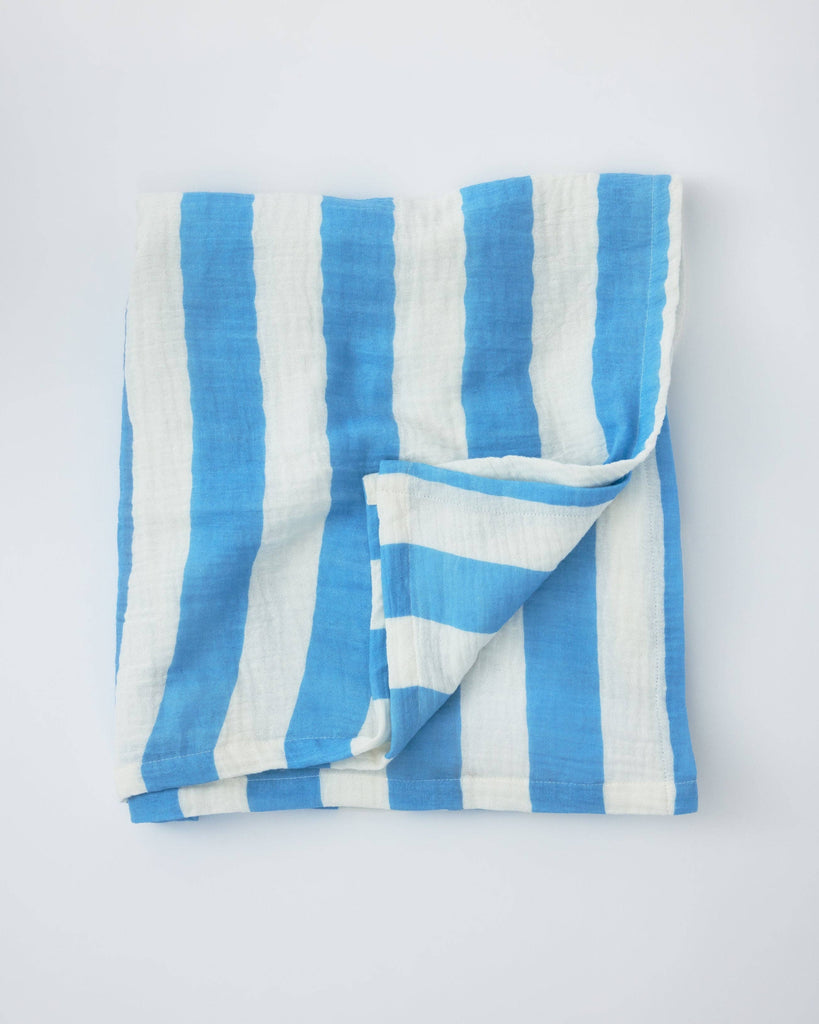 Organic Muslin Swaddle: Blue Wide Stripe