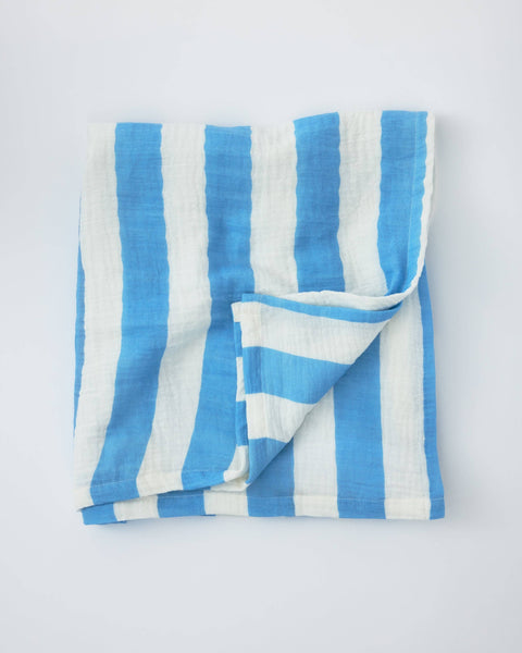 Organic Muslin Swaddle: Blue Wide Stripe