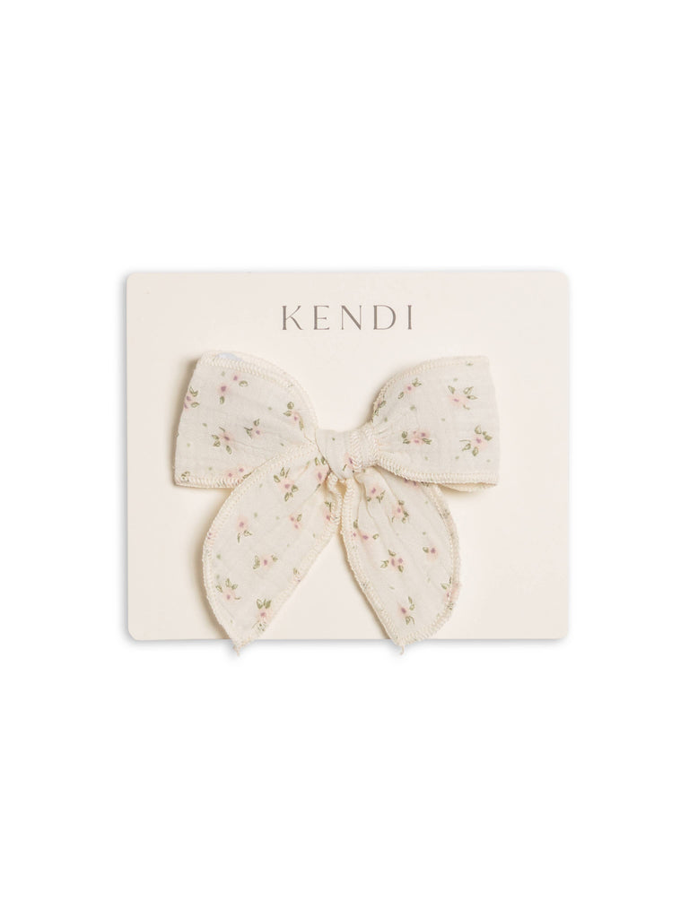 Muslin Bow Clip - Camellia Floral / Shell + Fern