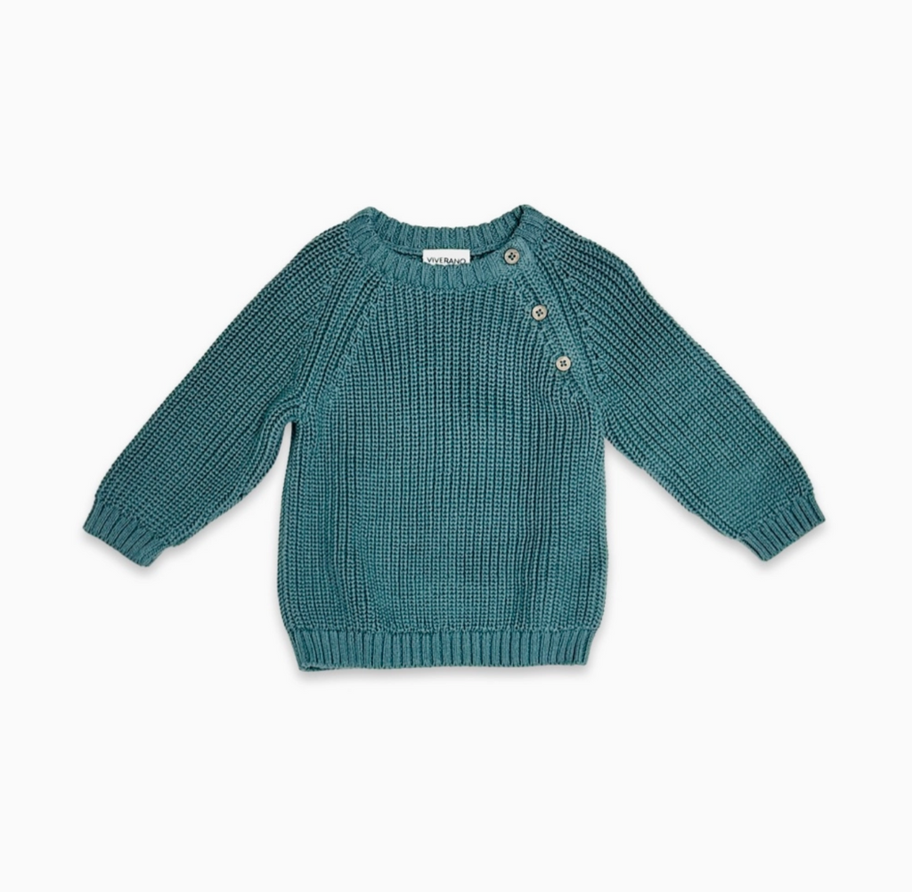 Classic Chunky Knit Baby Pullover Sweater (Organic Cotton) - Teal Blue