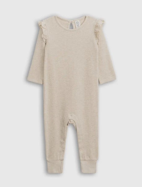 Mila Flutter Waffle Henley Romper - Heather Oat