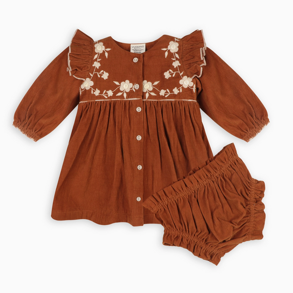 Floral Embroidered Corduroy Baby Dress & Bloomer