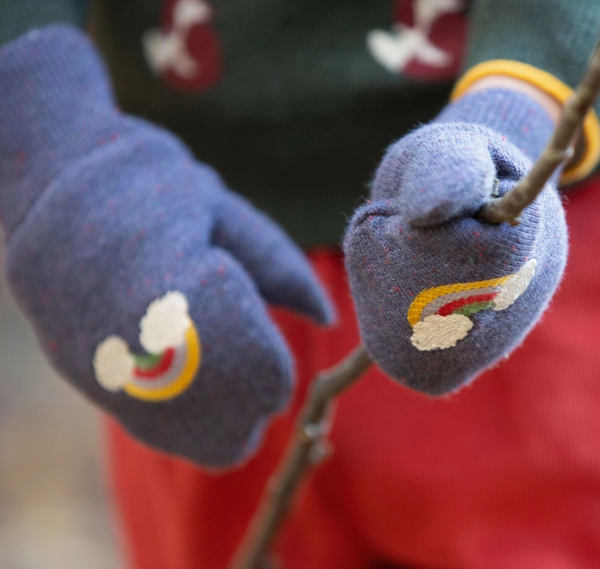 Dreamy Blue Embroidered Knitted Mittens