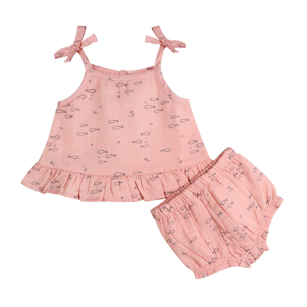 Fishes Shoulder Tie Baby Top & Bottom Set (Organic Muslin)
