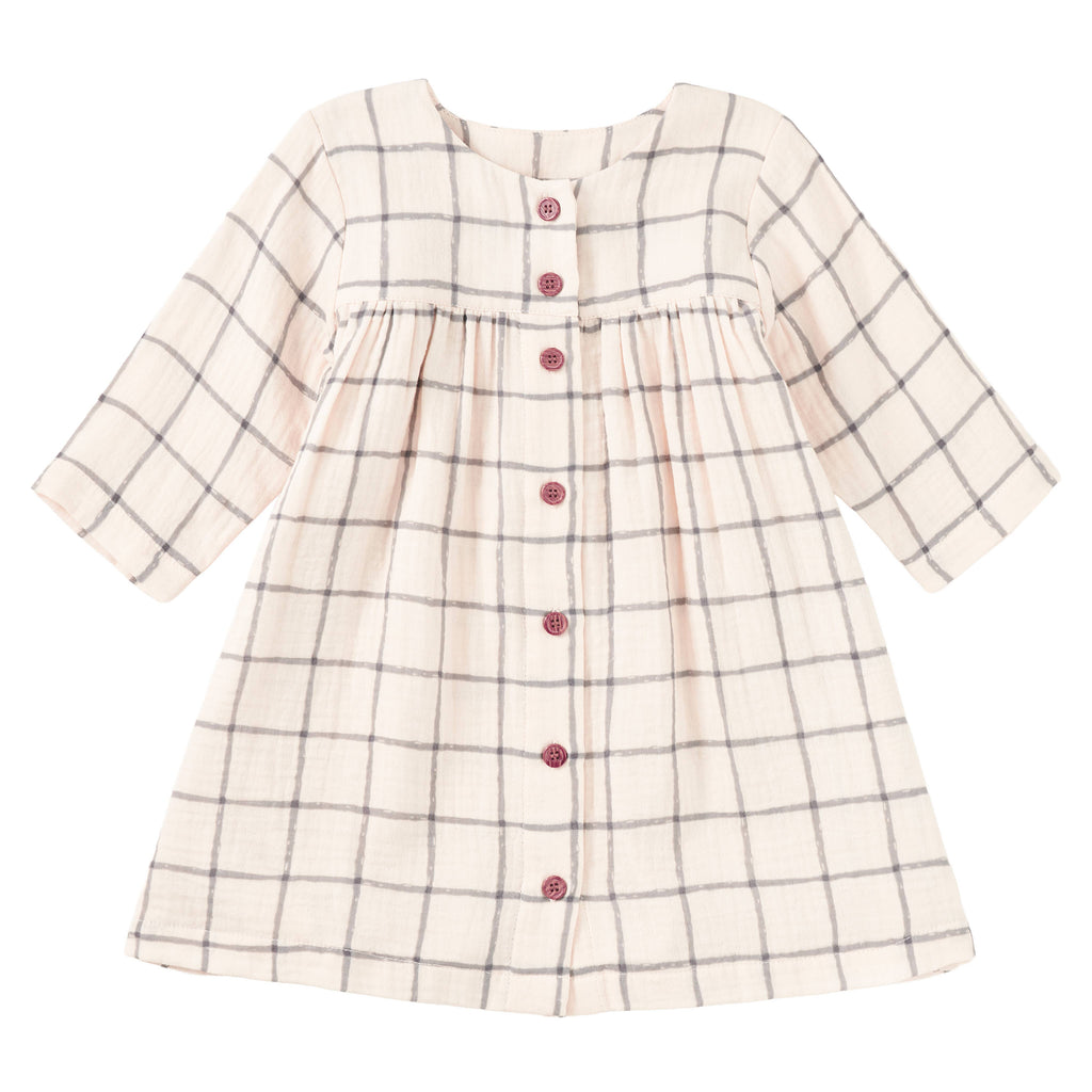 Muslin Long Sleeve Button Front Dress - Cabin Plaid