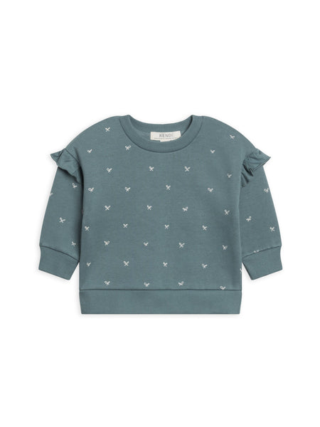 Abbey Fleece Ruffle Sleeve Pullover - Bow / Teal