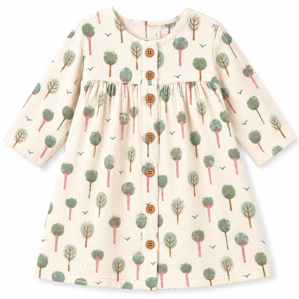 Muslin Long Sleeve Button Front Dress - Evergreen Trail