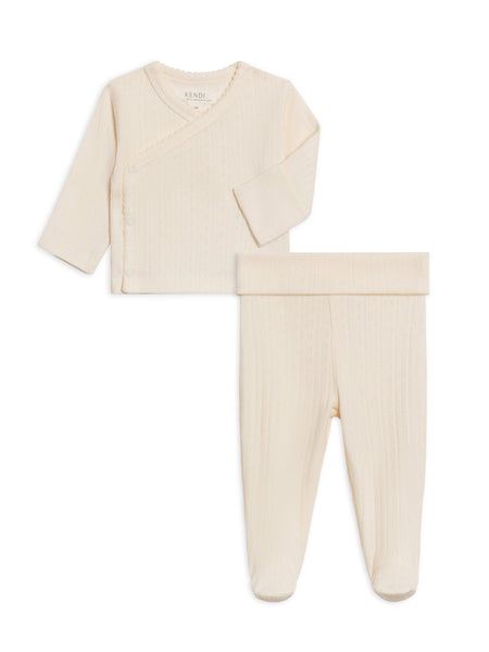 2-Piece Lacey Pointelle Kimono Top & Pant Set - Ivory