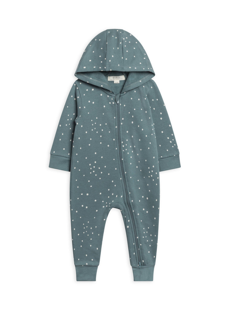 Greer Fleece Hooded Zipper Romper - Square Dot / Teal