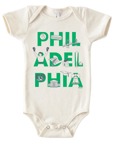 Green Philadelphia Font Onesie (Exclusively at Minnow Lane!)