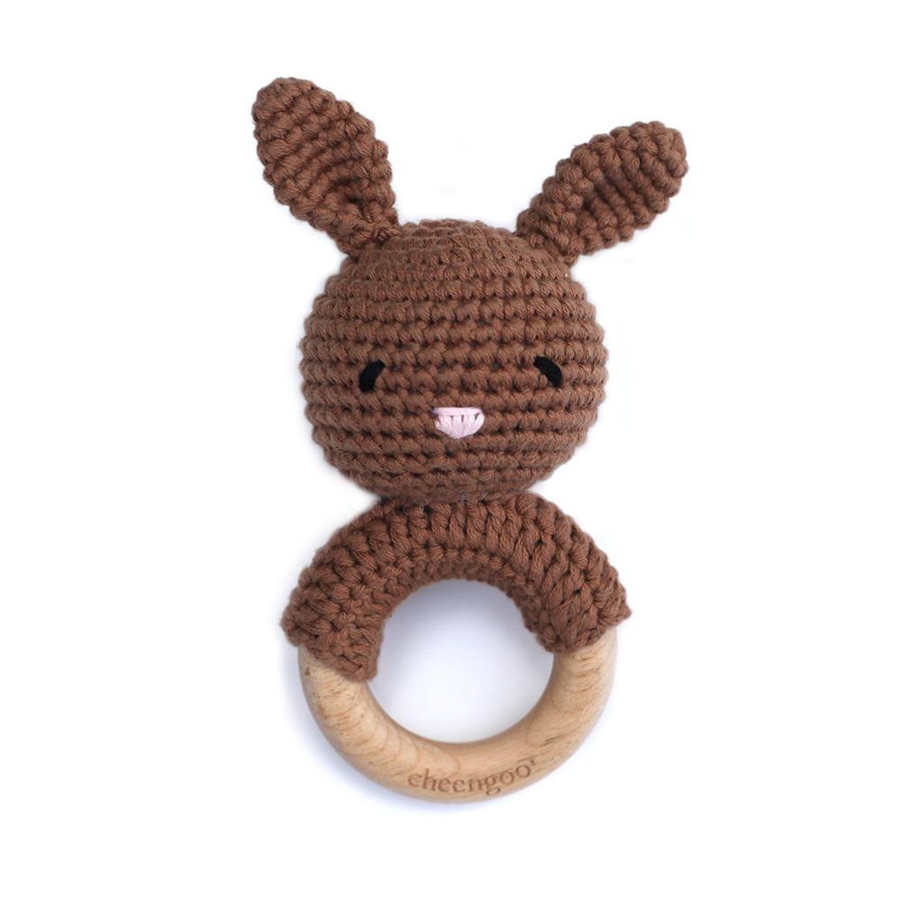 Cotton/Wood Rattle Teether - Mocha Bunny