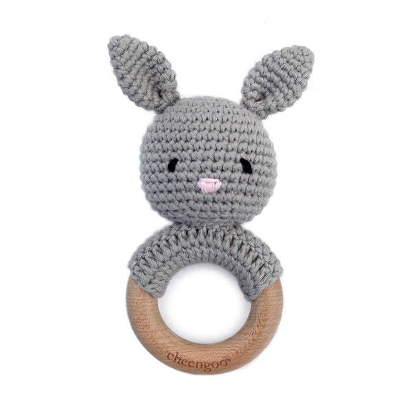 Cotton/Wood Rattle Teether - Grey Bunny